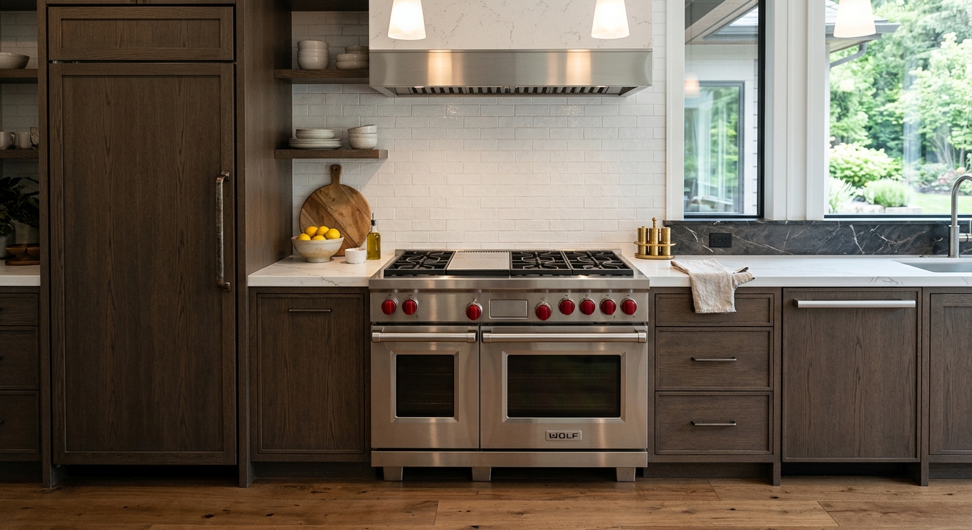 Modern kitchen appliance suite with gas range, stainless dishwasher, and statement range hood