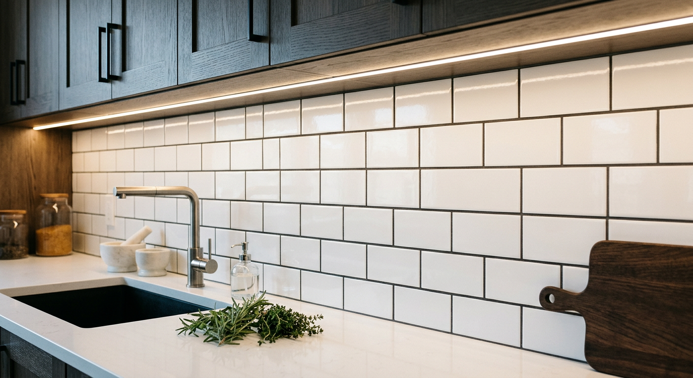 White herringbone subway tile backsplash with brass hardware and under-cabinet LED lighting