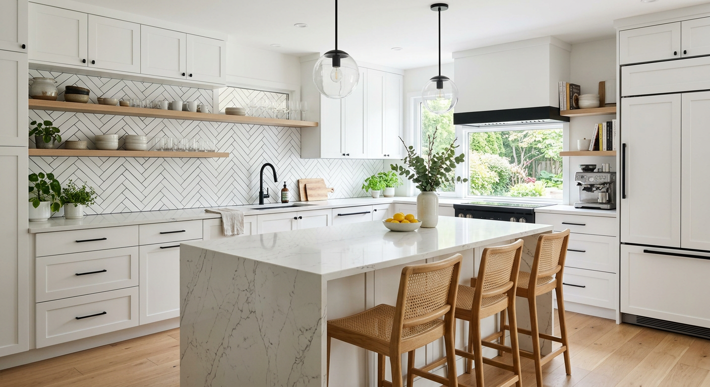 Modern renovated kitchen with white cabinets, quartz countertops, and brass hardware in an Atlanta home