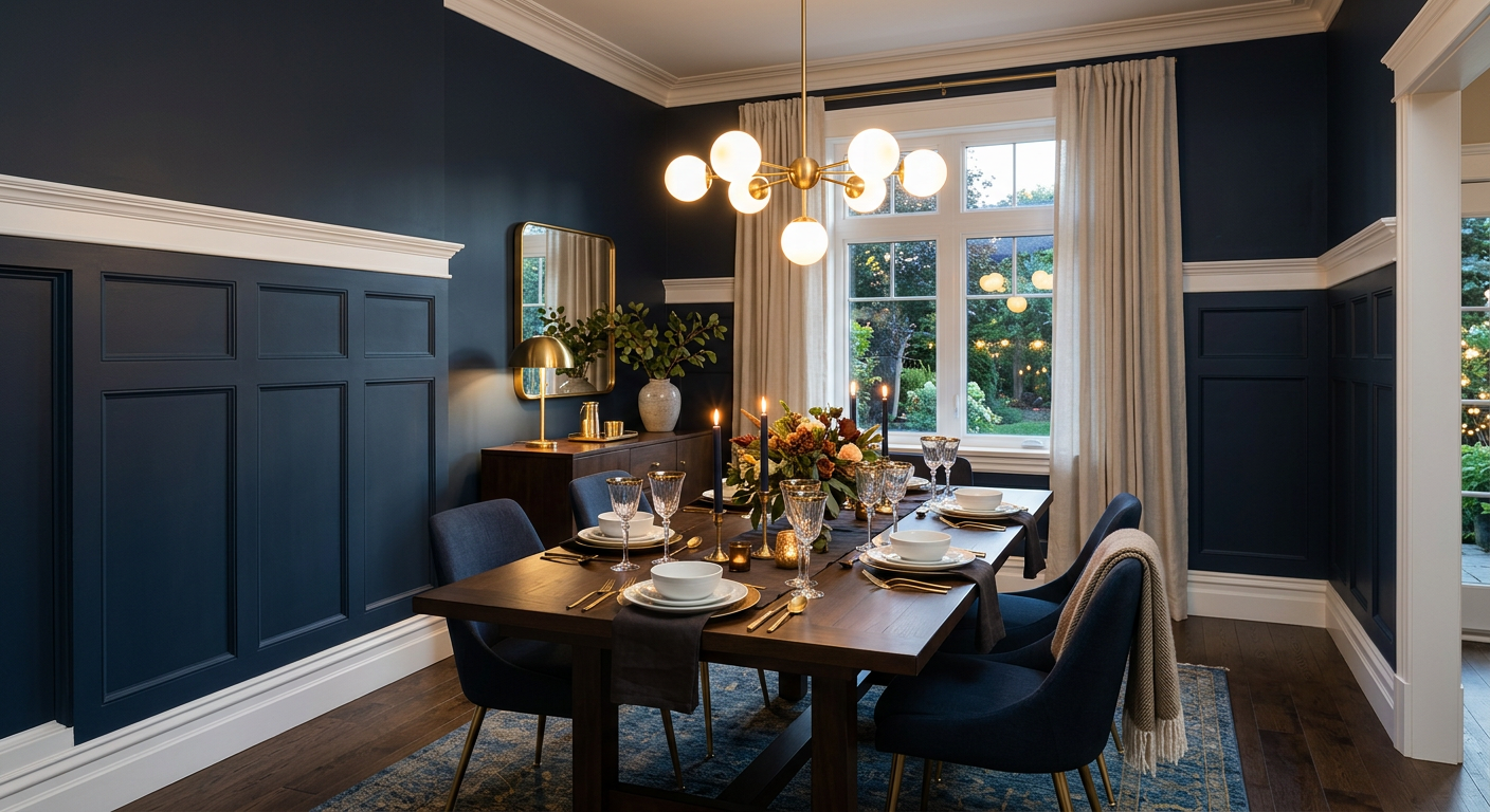 Completed board and batten wainscoting in a dining room with warm lighting and styled table