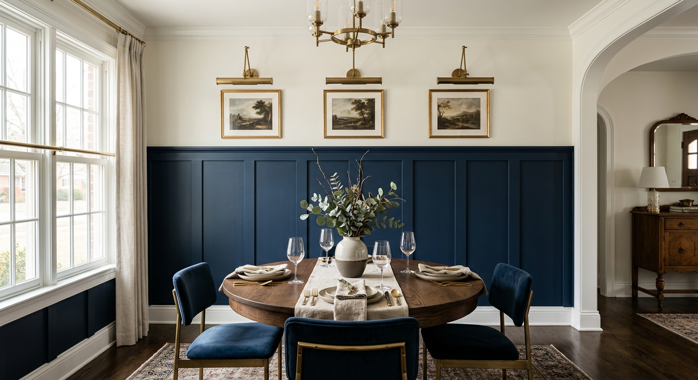 Elegant board and batten wainscoting in a dining room painted Benjamin Moore Hale Navy