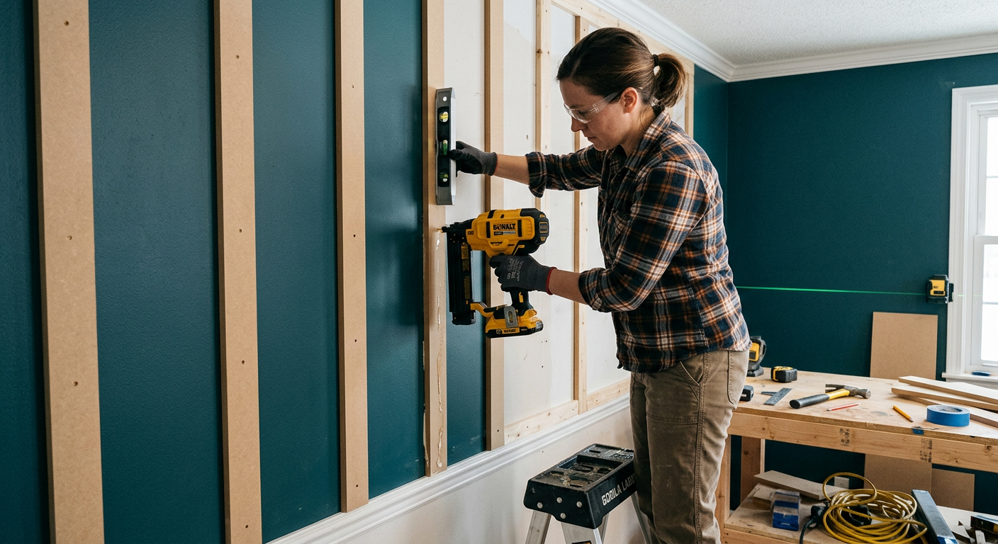Installing MDF battens on a dining room wall with a brad nailer and level