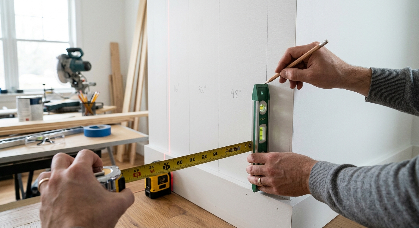 Measuring wall height with a tape measure for wainscoting installation at one-third wall height