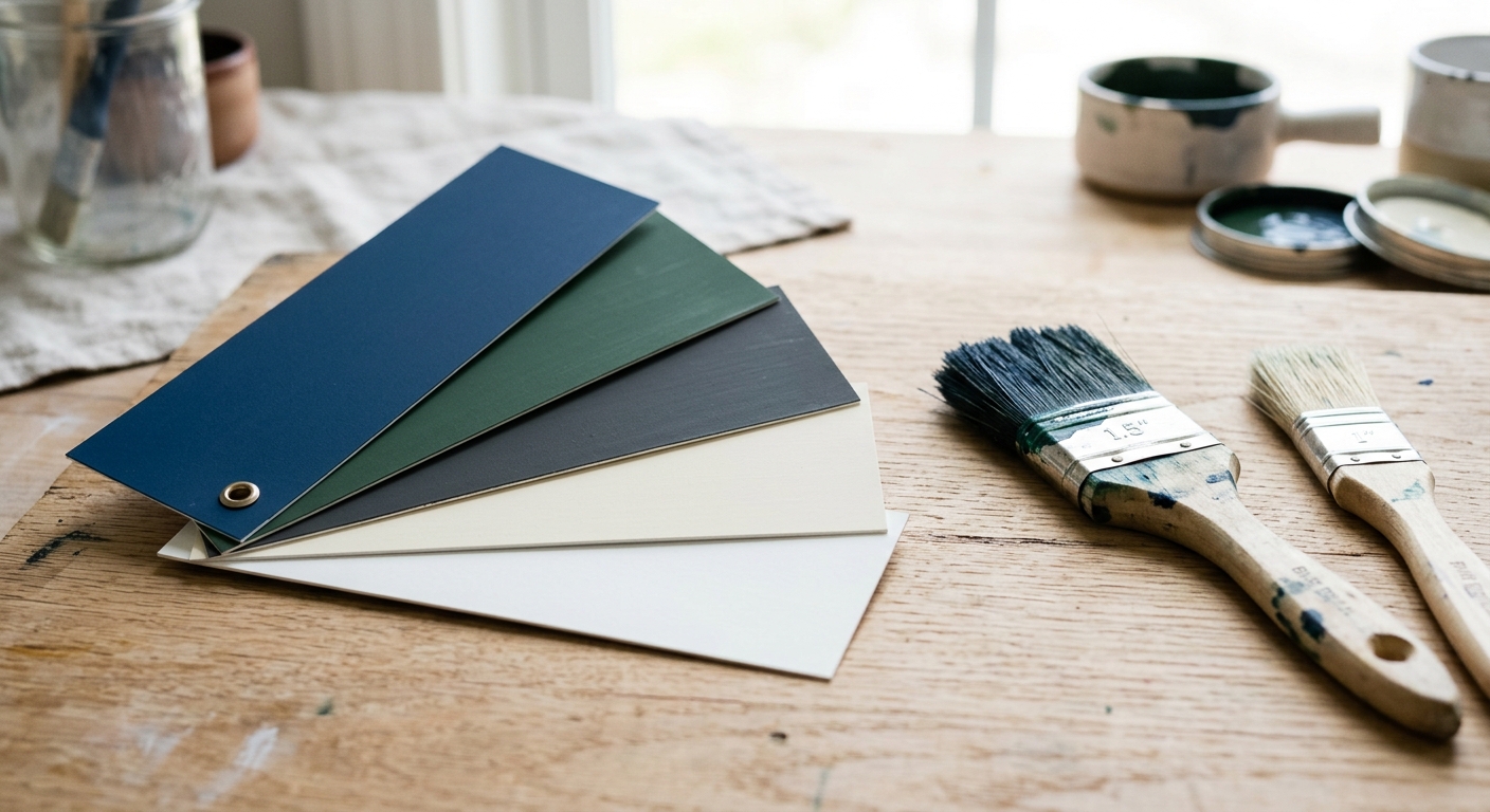 Three Benjamin Moore paint swatches — Hale Navy, Simply White, and Salamander — against a wainscoted wall