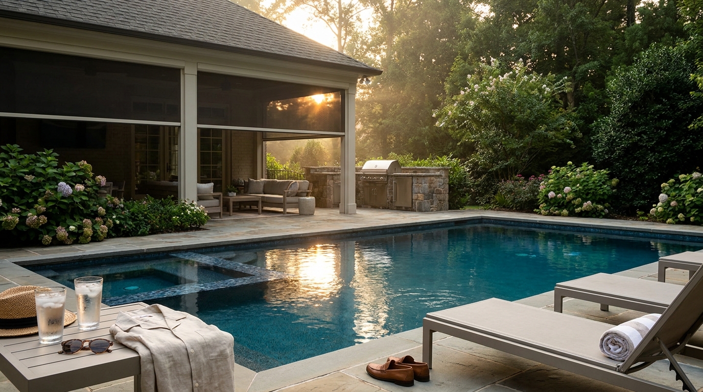 Luxury Roswell estate pool terrace at golden hour with covered lanai and lush summer landscaping