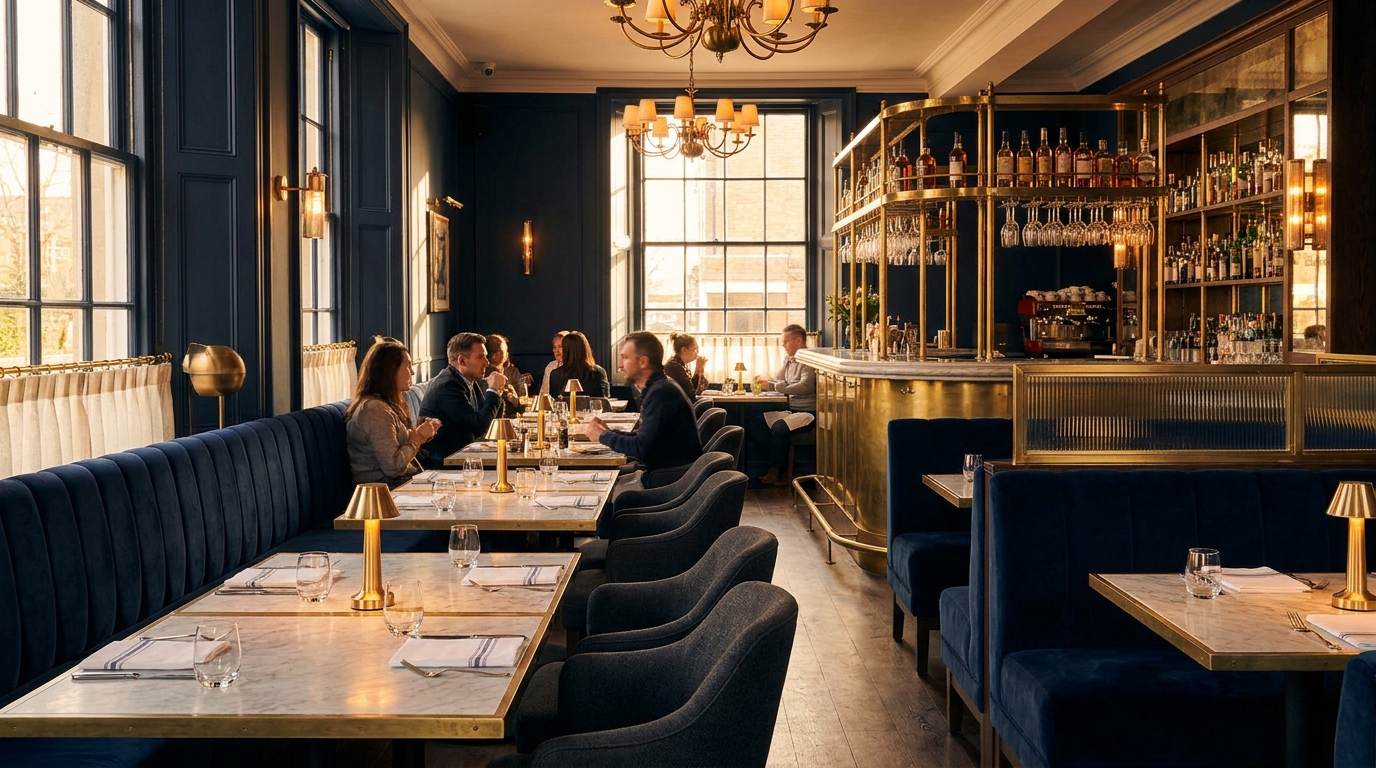 Osteria Mattone warm-lit dining room with wood-fired hearth and exposed brick