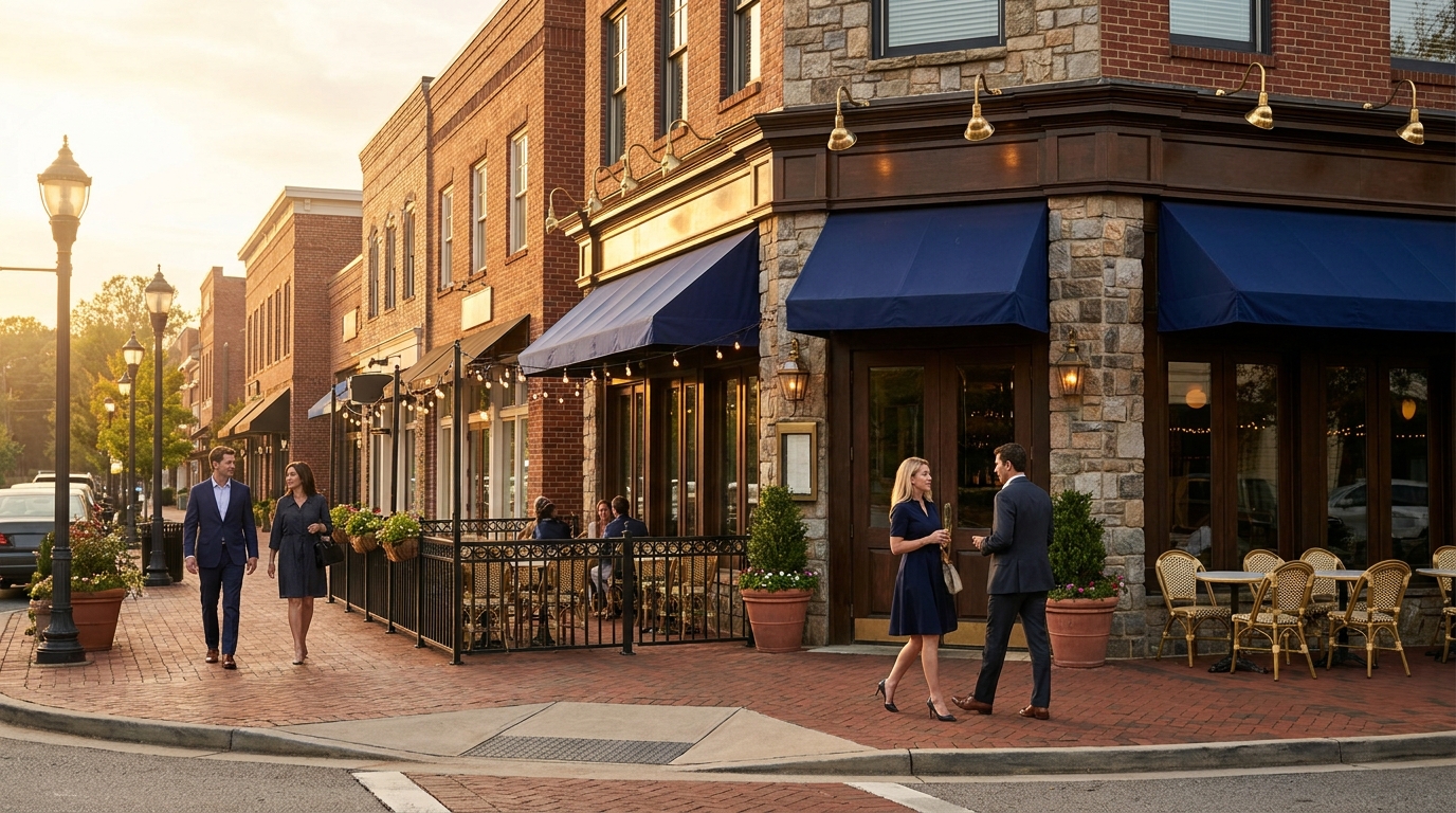 Downtown Crabapple village in Milton, GA with brick storefronts, cafe patios, and lamp posts at warm evening light