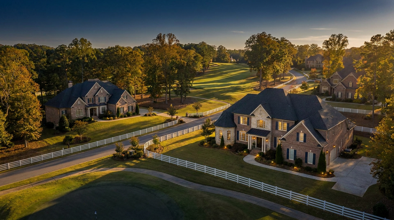 Gated luxury estate community in Milton, GA with brick estate homes, mature hardwoods, and a championship golf fairway at golden hour