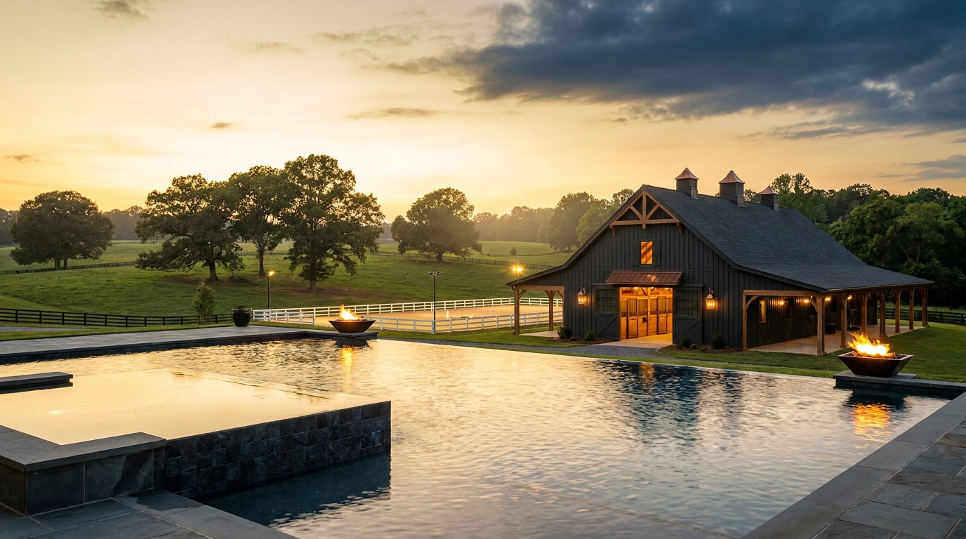 A Milton, GA equestrian estate at golden hour: white-fenced pasture, a barn and riding arena, mature hardwoods