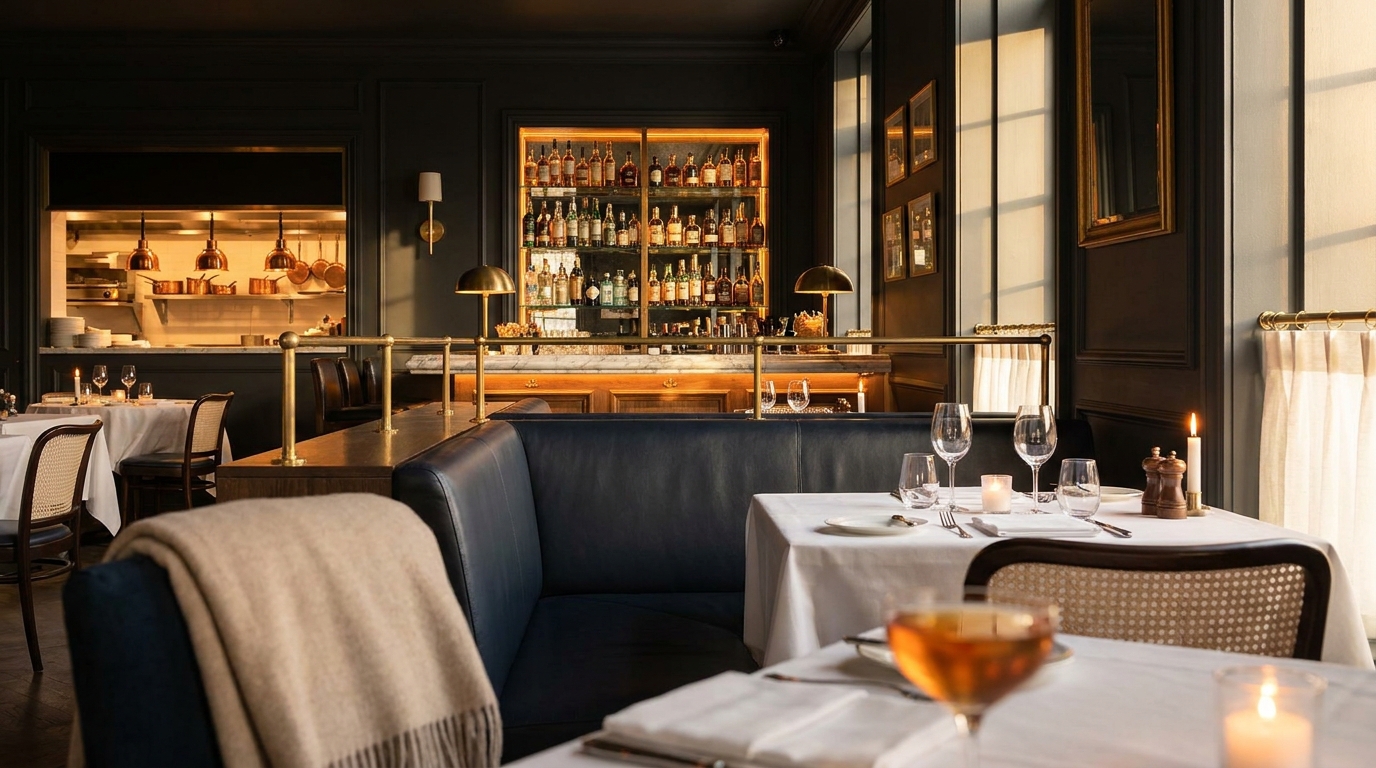 Interior of L'Antoinette — an intimate modern-French bistro in Milton with warm brass, banquette seating, and soft lighting