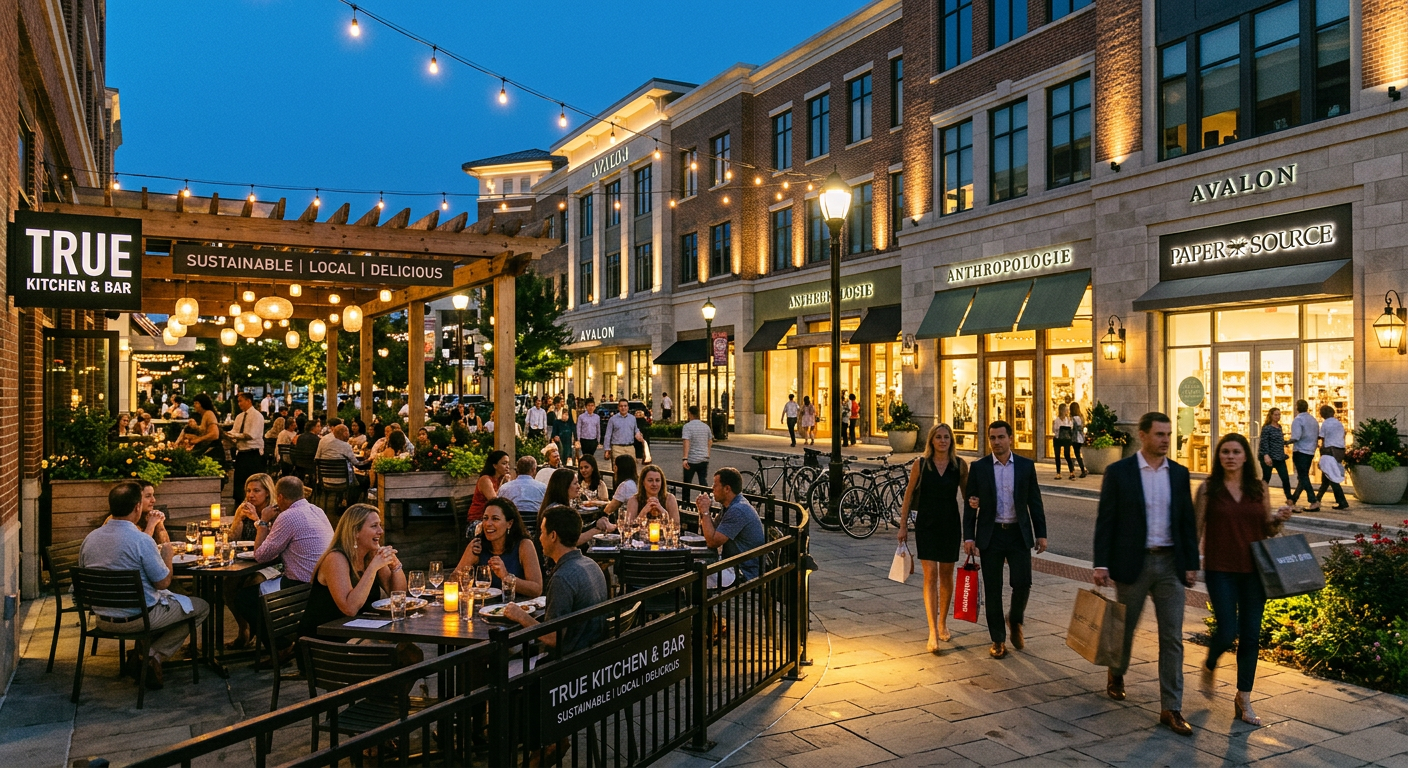 Avalon mixed-use development in Alpharetta with outdoor dining and walkable streets