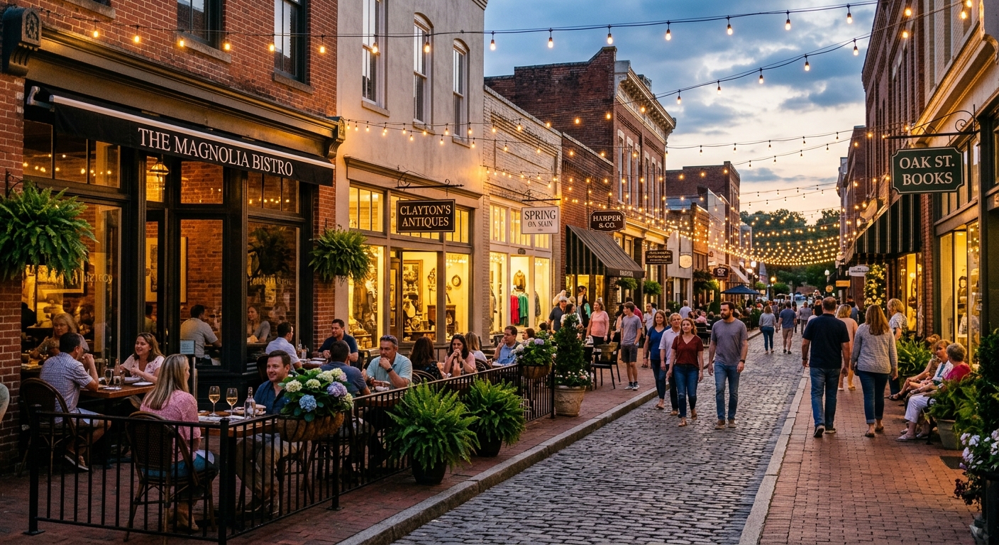 South Main Village in downtown Alpharetta with outdoor cafe seating and string lights