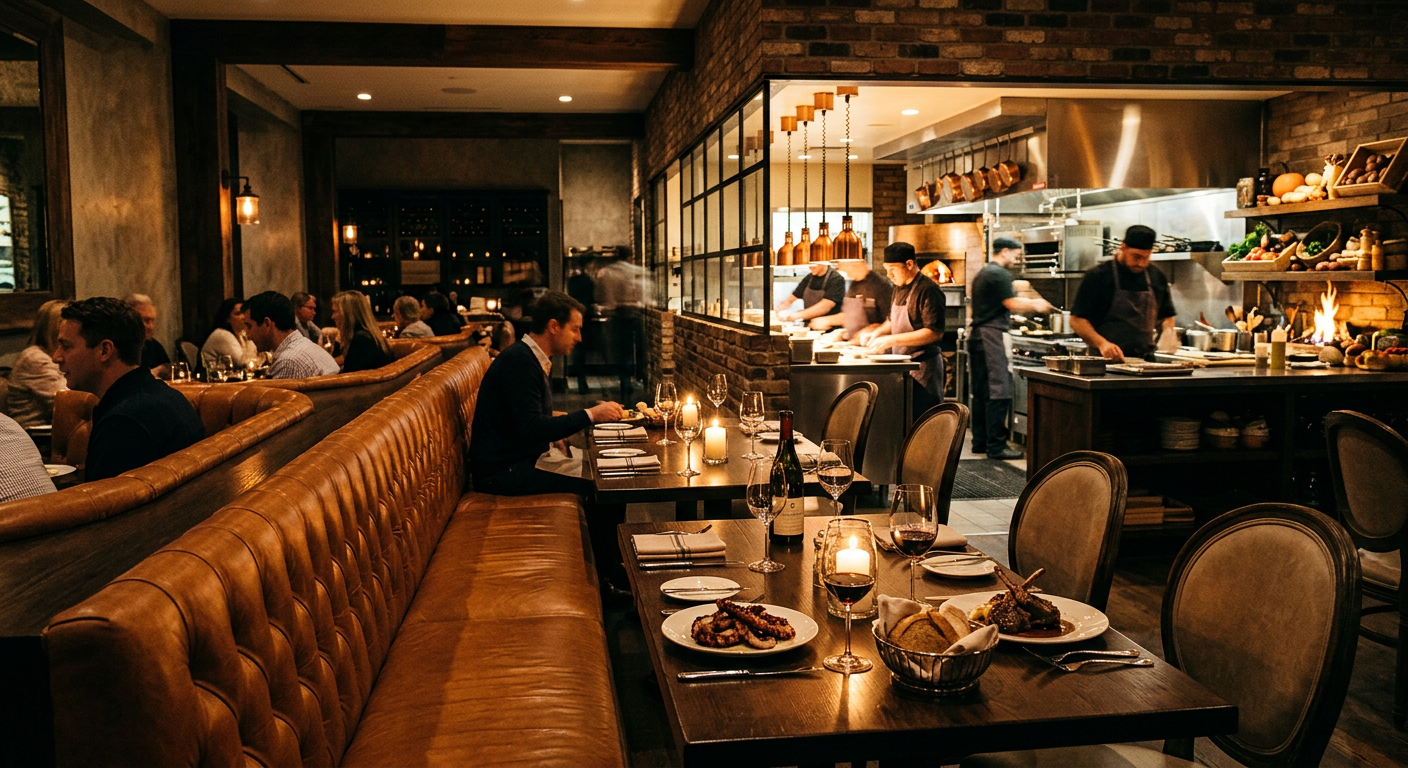 Milton's Cuisine interior with warm lighting, leather banquettes, and open kitchen
